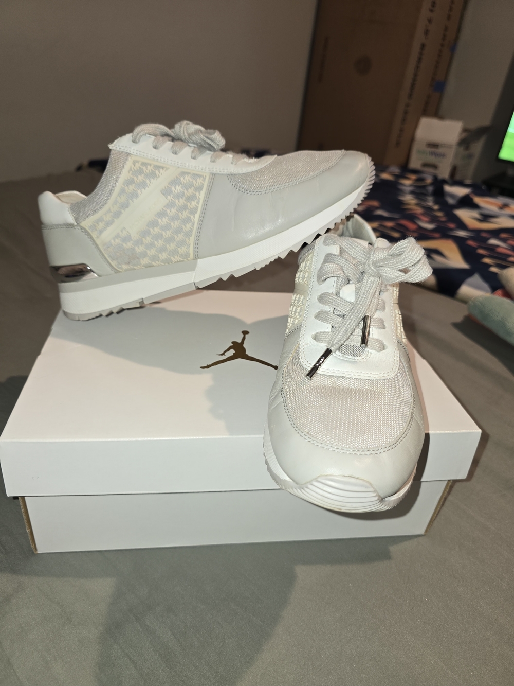 Michael Kors Allie Trainer MK Logo Vanilla Silver Sneakers Womens Size 8.5M